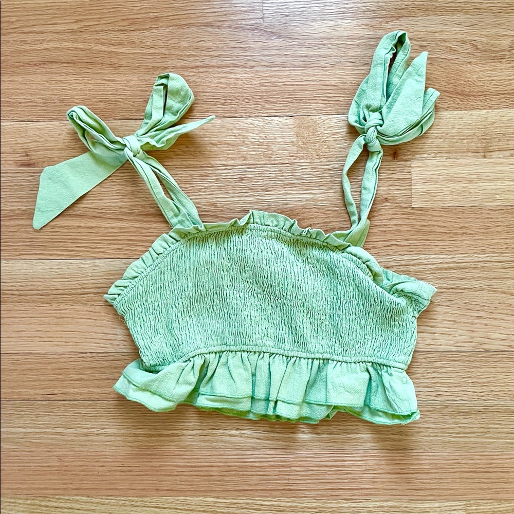 Green ruffle bandeau top with bow tie straps